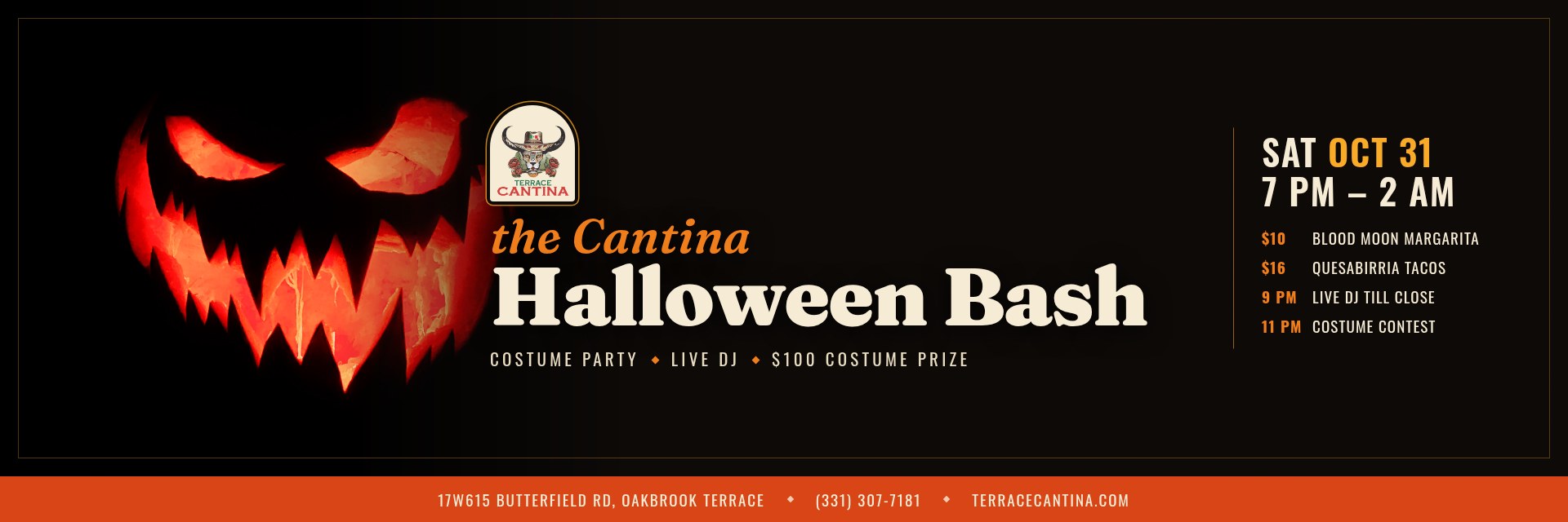The Cantina Halloween Bash at Terrace Cantina: costume party with a live DJ, Saturday October 31, 7 PM to 2 AM. $10 Blood Moon Margaritas, $16 quesabirria tacos, $5 churros and an 11 PM costume contest with a $100 top prize.