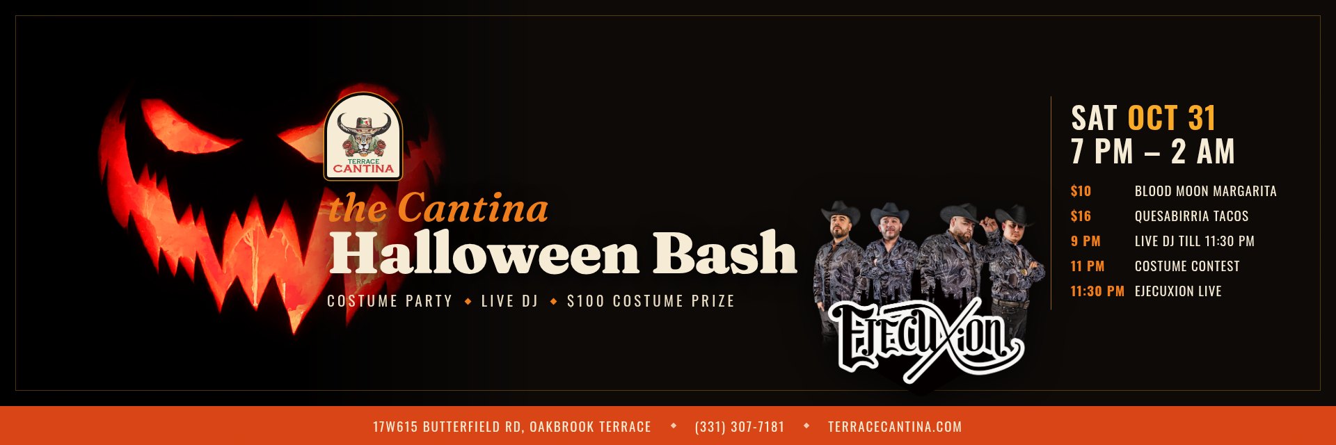 The Cantina Halloween Bash at Terrace Cantina: costume party with a live DJ from 9 to 11:30 PM and Ejecuxion live at 11:30 PM, Saturday October 31, 7 PM to 2 AM. $10 Blood Moon Margaritas, $16 quesabirria tacos, $5 churros and an 11 PM costume contest with a $100 top prize.