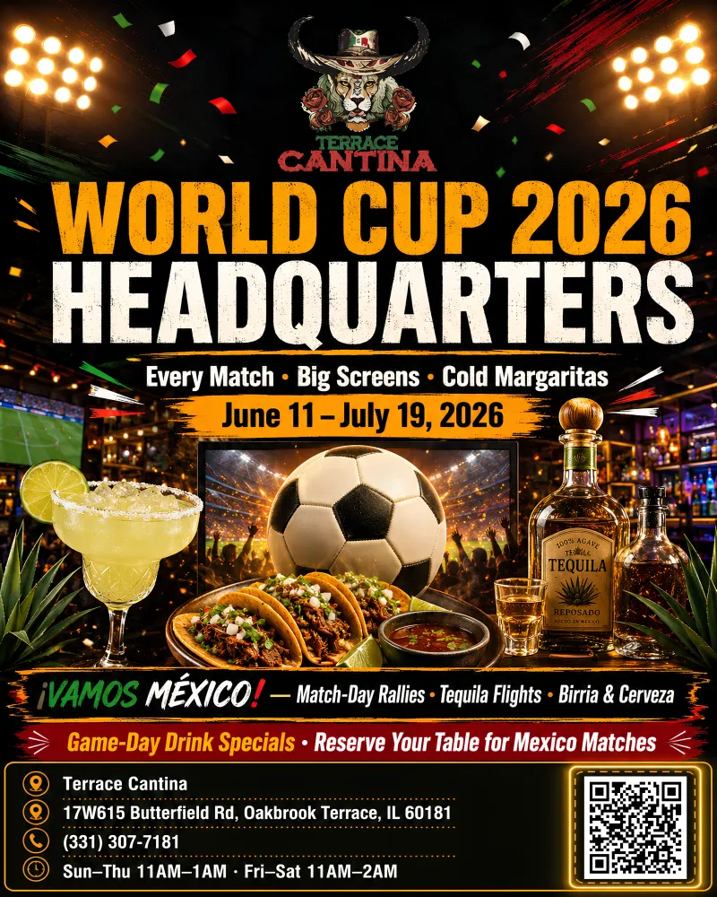 Terrace Cantina World Cup 2026 Headquarters — every match on big screens, cold margaritas, June 11 to July 19, 2026, Vamos Mexico